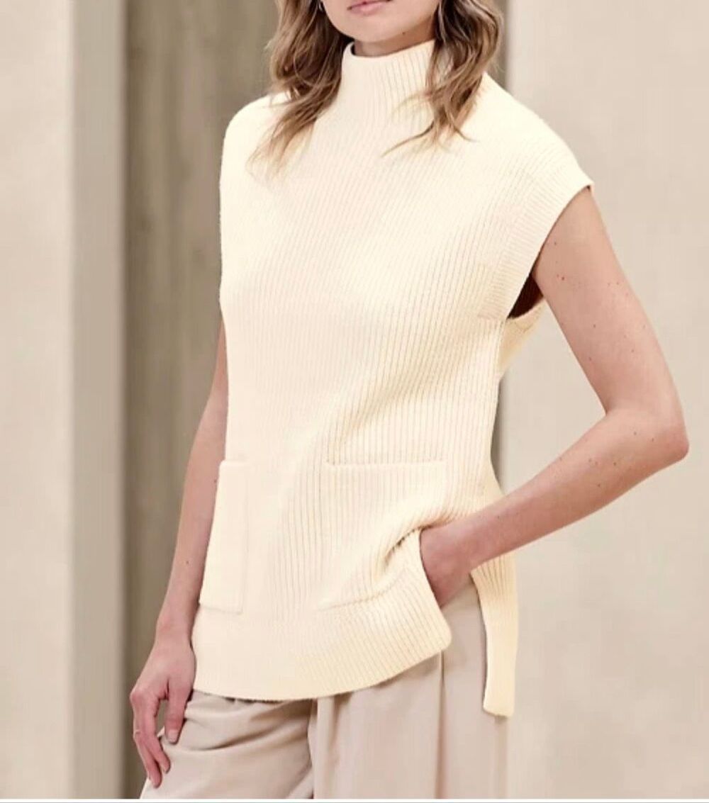 Banana Republic Ivory Cap Sleeve Turtleneck Tunic Sweater Vest Cream NWT XL
